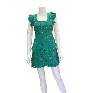 LOTTIE & HOLLY Floral Ruffled Dress M Green Square Neck Mini Spring NWT B81